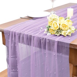 Dlpafzy Lilac Pearl Spring Summer Table Runner Boho Rustic Tulle Lace Mothers Day Table Runner for Baby Shower Wedding Arch Decor Veil Dessert Table Decor