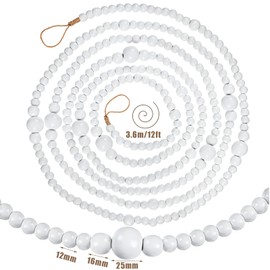 12 Feet Christmas Wooden Beads Xmas Bead Garland Round Craft Bead Garland Farmhouse Bead Garland Vintage Wooden Beads for Christmas Decoration Supplies(White)