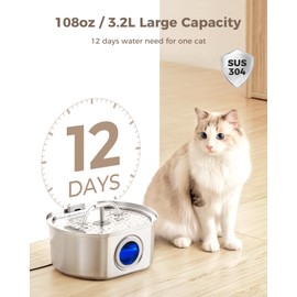 Cat Water Fountain Stainless Steel - Pet Drinking Fountain for Cats Indoor - 3.2L/108oz Automatic Water Dispenser with Watering Level Window (1 Filter)