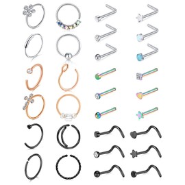 Mayhoop 20g Stainless Steel Nose Rings Hoop L Shape Nose Studs Nose Screw Bone Silver Rose Gold Black Rainbow Pack for Women Men 28Pcs