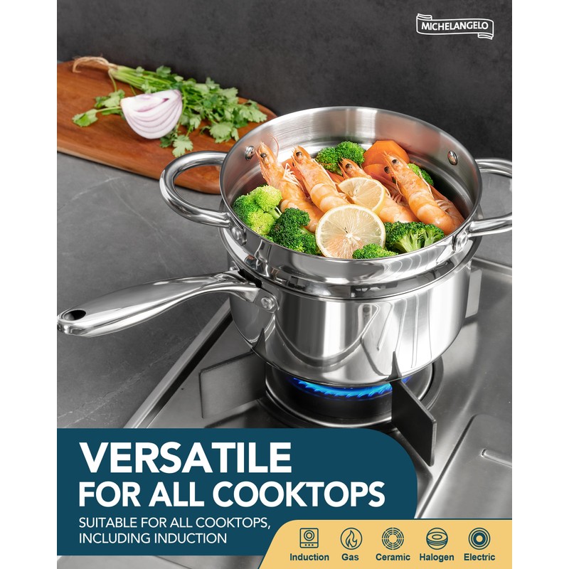 MICHELANGELO Stainless Steel Saucepans with Steamer 5Pcs, 18/10 Saucepan Set