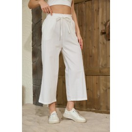 ZKIEYS Womens Casual Linen Pants Wide Leg High Elastic Waisted Drawstring Summer Pants with Pockets White