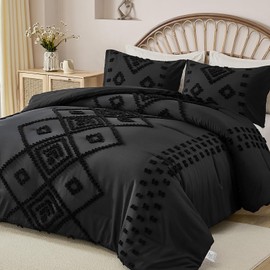 Tufted Comforter Set King Size,Black Boho Bed in Bag King,3 Pieces Geometric Fluffy Fall Comforters Embroidery Bedding Set Farmhouse Comforter Bed Set Shabby Chic