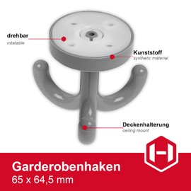 GedoTec Plastic Swivel Hooks, KITA - RAL 7000, Triple Hooks, Grey, Pack of 5, Undermount Coat Hooks, Hooks for Ceiling Wardrobe Nursery | Rotating Hook for Screwing