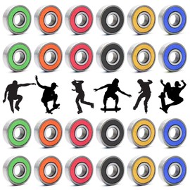 24 Pieces 608RS Skateboard Bearings Roller Skate Wheels Scooter ABEC 9 Rubber Coated Metal Replacement Bearing for Skateboards Kick Scooter Roller Skates (Black, Blue, Red, Green, Orange, Yellow)