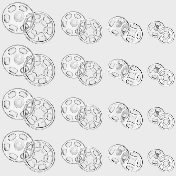Chuangdi 100 Pairs Press Studs Snap Fasteners Sew on Fasteners Invisible Plastic Buttons for DIY Clothes Buttons Shirt Sew-on Buttons, 7 mm, 12 mm, 15 mm, 21 mm (Clear Color)