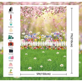 APDECCLK Spring Easter Backdrop Spring Pink Flowers Photography Backdrop Easter Green Lawn Natural Scenery Background for Kids Baby Shower Birthday Party Decor Photo Studio Props (59x82 inch (5x7FT))