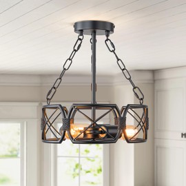 Helitemis Farmhouse Semi Flush Mount Ceiling Light, 3-Light Black Cage Pendant Light Fixtures，Industrial Ceiling Light for Kitchen, Living Room, Bedroom, Dining Room