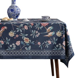 patdrea Designer Dark Blue Linen Rectangular Tablecloth,Vintage Navy French Floral and Birds Pattern Table Cloth,Decoration Table Cover for Kitchen,Dining,Tea Party,Home,Christmas,63"*110"