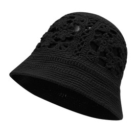 ZLYC Women Cotton Bucket Hat Handmade Crochet Knit Floral Summer Bucket Hats, Floral Black, One Size