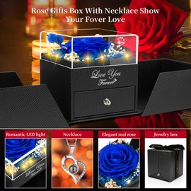 FOCIE Preserved Blue Real Rose with I Love You Necklace -Eternal Flowers Rose Gifts for Mom Grandma Wife Girlfriend on Mothers Day Valentines Day Gifts for Her Christmas Birthday Anniversary