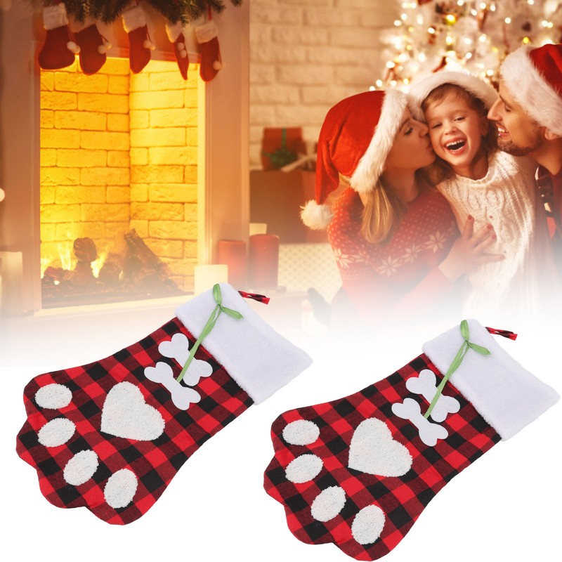 Christmas Stocking Dog Paw Shape Plaid Decorative Gift Bag Christmas