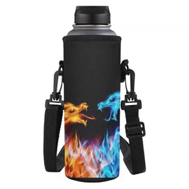 HUGS IDEA Insulated Neoprene Water Bottle Carrier with Shoulder Strap, Fire Dragon, L, Pocket Organizer
