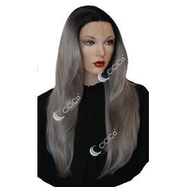 CiCiCa Lace Front Wigs,26 Inches Long Wig,Straight Wig,Ombre Black Roots to Grey Wig,Soft Lace Wig,Premium Synthetic Heat Resistant Hair Replacement Wigs for Women.