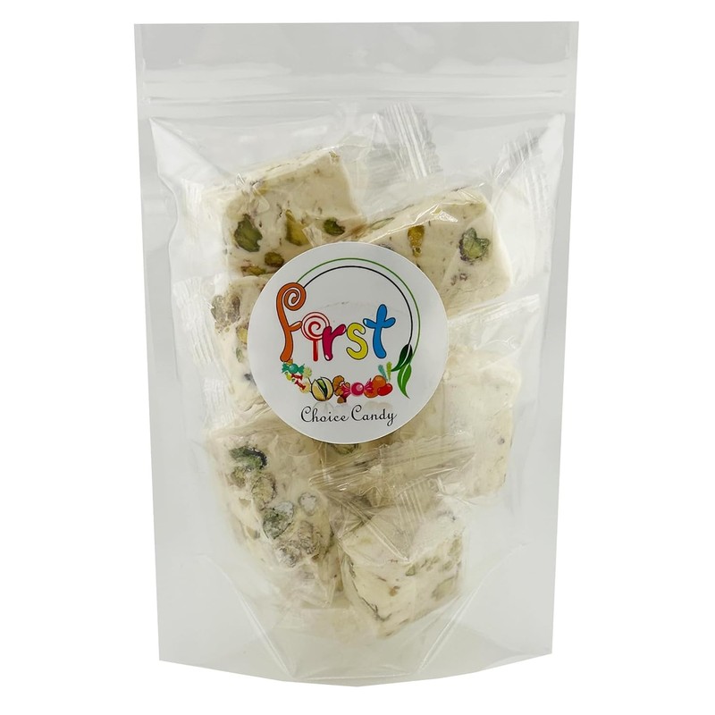 Soft White Nougat Candy, Individually Wrapped Pistachio Nougat, Divinity Candy