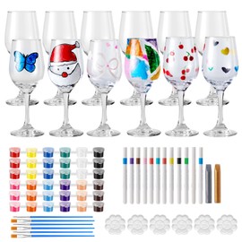 WJXCYGG 6 Sets Paint Your Own Wine Glass Set 6 Wine Glass 36 Glass Painting Acrylic Paint Strips 2 Glass Liner Pen 12 Markers with 12 Brushes and 6 Palette for Adults Lady Night Couple(High Feet)