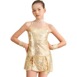 Sanmsoner Girls Sequins Dance Dress Chest Mesh Sleeveless Top and Shorts Jazz Hip Hop Latin Sparkle Suit Outfits Costume(0437-05-XXL) Gold