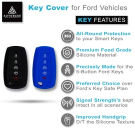 Autobase Silicone Key Fob Cover for 2025 2024 Ford Explorer Bronco Expedition Mustang F-150 Raptor Fusion F150 F250 F350 F450 F550 Edge | Car Accessory | Key Protection Case 2 Pcs (Black and Blue)