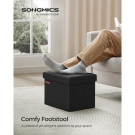 SONGMICS Small Folding Storage Ottoman, Foot Rest Stool, Cube Footrest, 12.2 x 16.1 x 12.2 Inches, 286 lb Load Capacity, for Living Room, Bedroom, Home Office, Dorm, Ink Black ULSF102B01