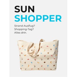 Sowel® Beach Bag, Shoulder Bag for Men and Women, Embroidered, Natural Cotton Canvas, 50 x 20 x 40 cm (L x W x H), Natural canvas, 01 Without shoulder strap