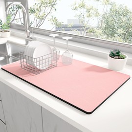Rnivvi Dish Drying Mat for Kitchen Counter, 12 x 19" Super Absorbent Drainer Pad Easy Clean Dish Rack Pad, Non-Slip Heat Resistant Coffee Bar Mats for Coffee Machine Station Accessories Decor, Pink