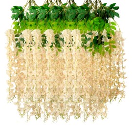 Champagne Artificial Wisteria Flower Vines, 3.77 Feet Champagne Wisteria Hanging Flowers Garland, 24 Pack Fake Silk Wisteria, Hanging Vines for Photo Backdrop, Champagne Wisteria Garland Decor