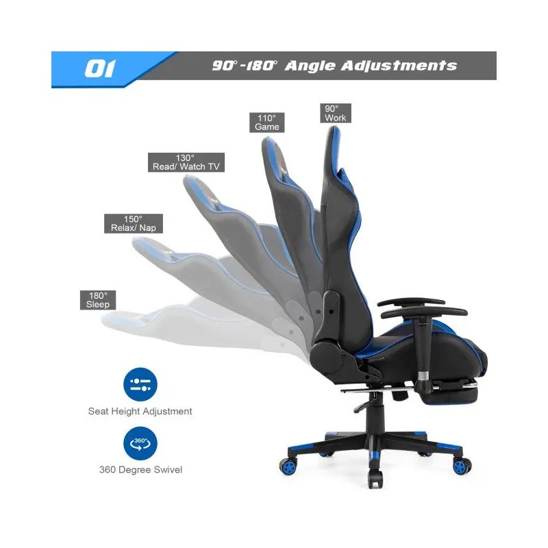 Gaming Chair Blue PU Leather 4D Armrest Manual Recliner Swivel
