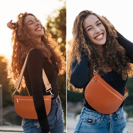 Dealkion Woven Fanny Packs Belt Bag Sling Bag for Women Woven Leather Bum Bag Crossbody Bag Waist Pack Chest Bag Purse Shoulder Bag for Women-Brown