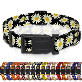 Seyezo Dog Collar, Daisy Boys Girls Puppy Collar for Small Medium Large Dogs, Adjustable Soft Floral Pet Collar with Safety Buckle for Male Females(Black Daisy,S)