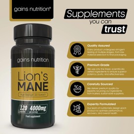 GN Lions Mane | 120 High Strength Lions Mane Supplement Capsules with Black Pepper - 4000mg Lion's Mane per Serving | Lions Mane Mushroom Supplement | Non-GMO, Gluten & Allergen Free | Made in The UK