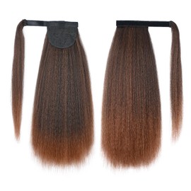 UAmy hair Long Yaki Straight Ponytail Extension for Women 20 Inch Ombre Brown Wrap Around Magic Paste Synthetic Clip in Ponytail Thick Kinky Straight Hair Pony Tail for Daily Use (T30)