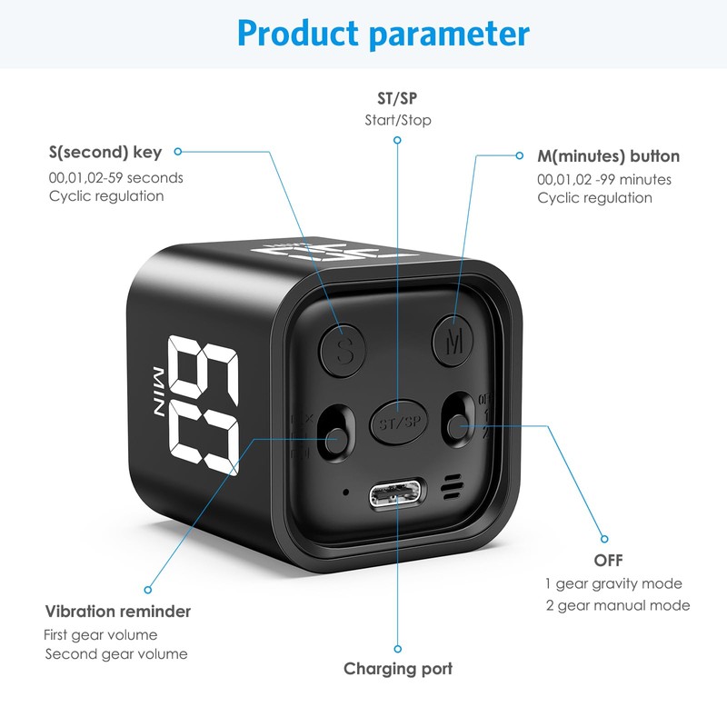 AMIR Cube digital timer - Multi Rotation Visual Timer with