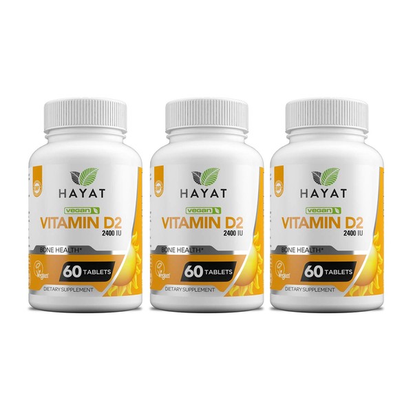 HAYAT Vitamins Vegan Natural Vitamin D 2400 IU, D2, Certified Halal (Pack of 3)