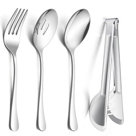 E-far Large Serving Utensils Set of 8, Stainless Steel 9.8 Inch Serving Spoons Slotted Spoon, 9.9 Inch Serving Fork, 9.4 Inch Serving Tong for Buffet Catering Banquet, Mirror Finish & Dishwasher Safe