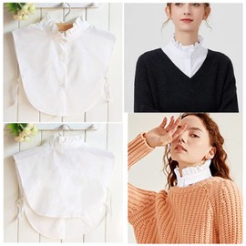 NiceYnn Hollow Out Floral Lace Chiffon Removable Dickey False Collar, Women Half Shirt Blouse Top Detachable Fake Collar Pleated Neckline White