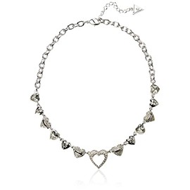 GUESS Silvertone Pave Crystal Glass Stone Heart Chain Necklace