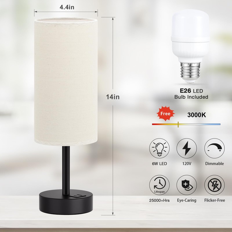 Beige Touch Lamp for Bedroom with USB - 3 Way