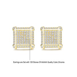 18K Gold Plated 925 Sterling Silver Iced Out Cubic Zirconia Screw Back Square Stud Earring For Men and Women Hypoallergenic Earring TwoTone Micropave Hip Hop Jewelry-Gold