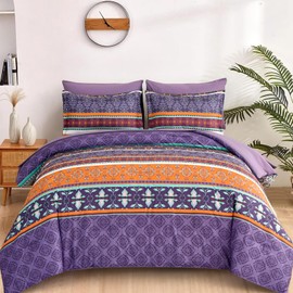 WONGS BEDDING Boho Comforter Set King Size,7 Pieces Bohemian Striped Bedding Comforter Set Bed in a Bag,Purple Paisley Floral Comfortet and Sheet Set,Soft Microfiber Bedding Sets for All Season