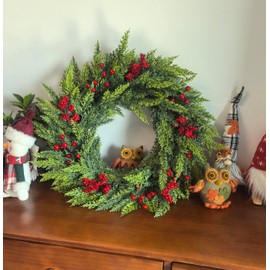24'' Artificial Christmas Wreathfor Front Door, Mixed Berries Red Decorations Norfolk Pine Cedar Branches Winter Door Wreaths for All Seasons, Artificial Wreaths for Home Farmhouse Mantle Decor