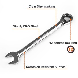 EGOFINE 22mm Ratchet Combination Wrench Metric Industrial Grade Gear Wrench with 12 Point Design 72 Tooth Ratchet Chrome Vanadium Steel