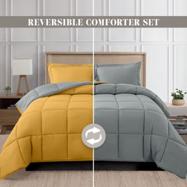 Elegant Comfort 3-Piece Reversible Comforter Set, All Season Cozy, Soft Down Alternative, Quilted - Box Stitched - Duvet Insert with 4 Corner Tabs, Comforter with Shams, Twin XL, Yellow/Gray
