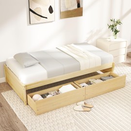 KOMFOTT Twin Size Wood Platform Bed Frame with 2 Storage Drawers, Wooden Platform Bed with Slats Support, Daybed Frame for Living Room, Twin Bed Frame for Teens, Adults, No Box Spring Needed (Natural)