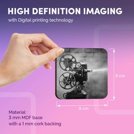 Destination Vinyl ltd Great Coasters (Set of 4) Square - BW - Vintage Old Movie Projector Films Cinema Drink Glossy Coasters/Tabletop Protection for Any Table Type #43727