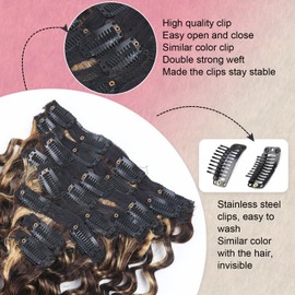 Blonde Highlights Hair Extensions Real Human Hair,24 Inch 120g 8pcs 4/27 Brown Clip in Extensions Deep Wave Curly Brazilian Human Clip ins Extension Hairpieces for Women