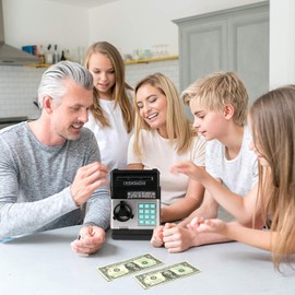 Revanom Electronic Piggy Bank, Mini ATM Password Money Bank Cash Coins Saving Box for Kids, Cartoon Safe Bank Box Perfect Toy Gifts for Boys Girls (Black)