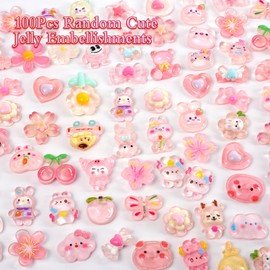 100Pcs Random Cute Jelly Embellishrents, Candy Slime Charms Assorted, Cute Stuff, Bulk Mixed Resin Charms Set Scrapbooking Ornament(Lightpink)