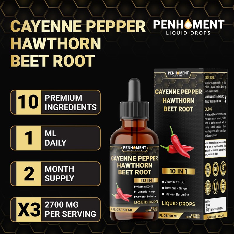 Penhoment 10in1 Cayenne Pepper Liquid Drops + Hawthorn Berry, Vitamin