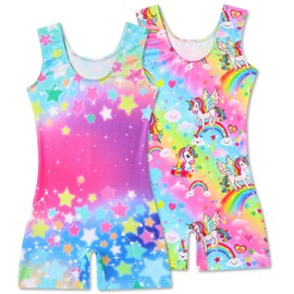 Taubow 2 Packs Gymnastics Leotards for Girls Size 5 6 5t 6x Rainbow Unicorn Dance Leotard Tumbling Outfit Kids Biketard with Shorts