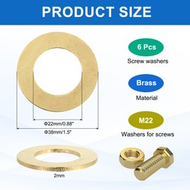 sourcing map 6 Pack Brass Flat Washer, M22 Copper Washers Crush Washer Kit Assortment, 22mm ID, 38mm OD, 2mm Thick for Bolts Screws Machinery Repair, Outdoor Construction